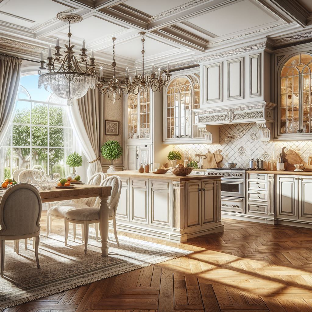 Dapur dengan kitchen set klasik di ruang terbuka dengan pencahayaan alami yang mempesona.