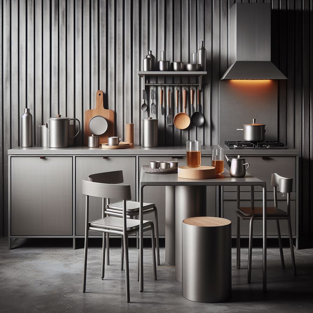 Kitchen set aluminium dengan finishing matte yang menampilkan sentuhan industri dan kesan modern yang kasar namun elegan.