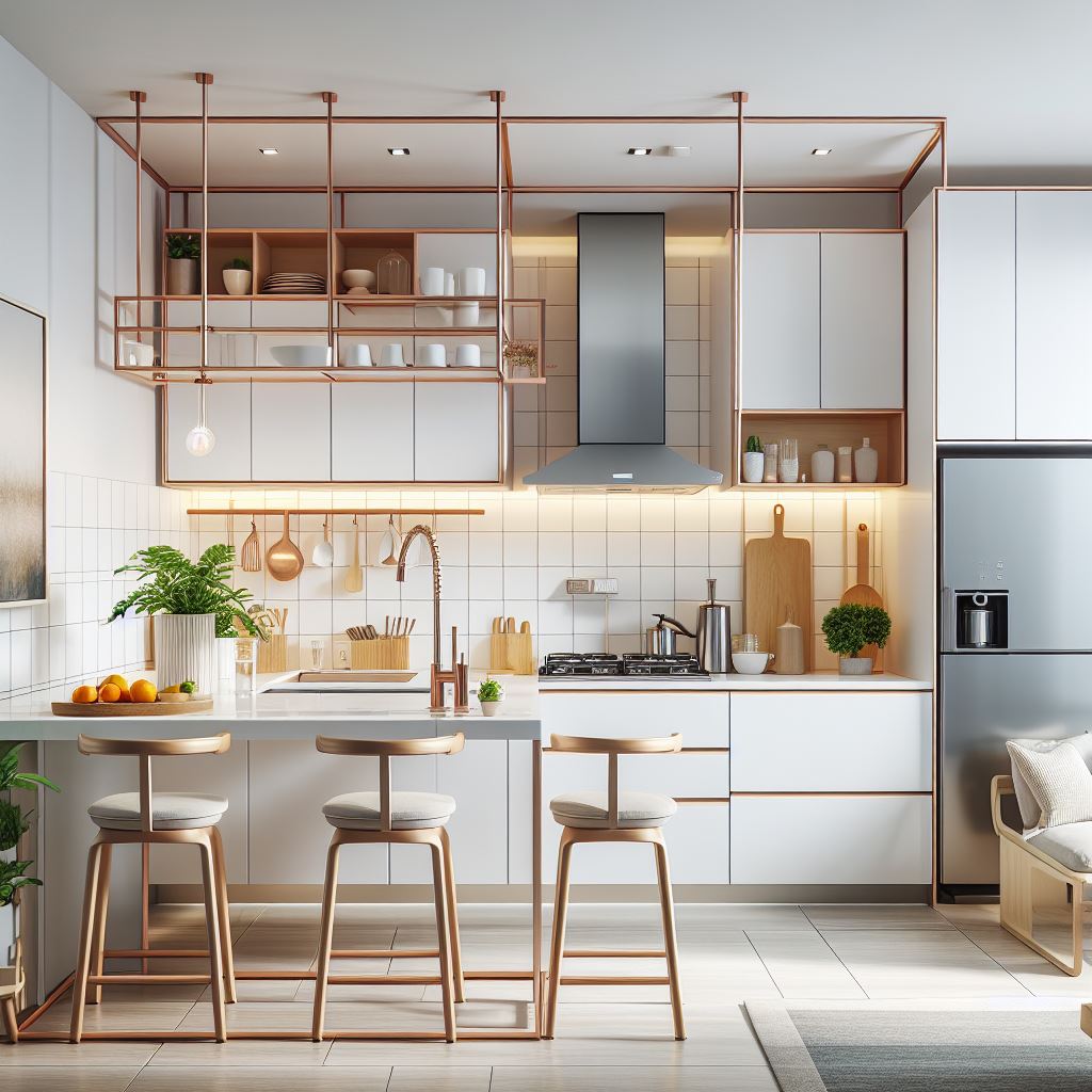 Kitchen set minimalis yang terbuat dari bahan cerah seperti aluminium atau HPL. Fokuskan pada desain sederhana dengan sedikit dekorasi dan tambahan.