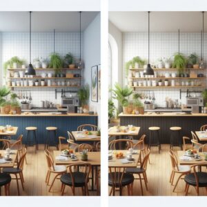 Tampilkan dua gambar berdampingan, satu menunjukkan kondisi cafe sebelum menggunakan kitchen set minimalis, dan satu lagi menunjukkan perubahan setelah kitchen set dipasang.