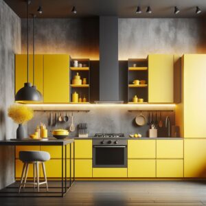 kitchen set berewarna kuning dengan latar belakang abu-abu