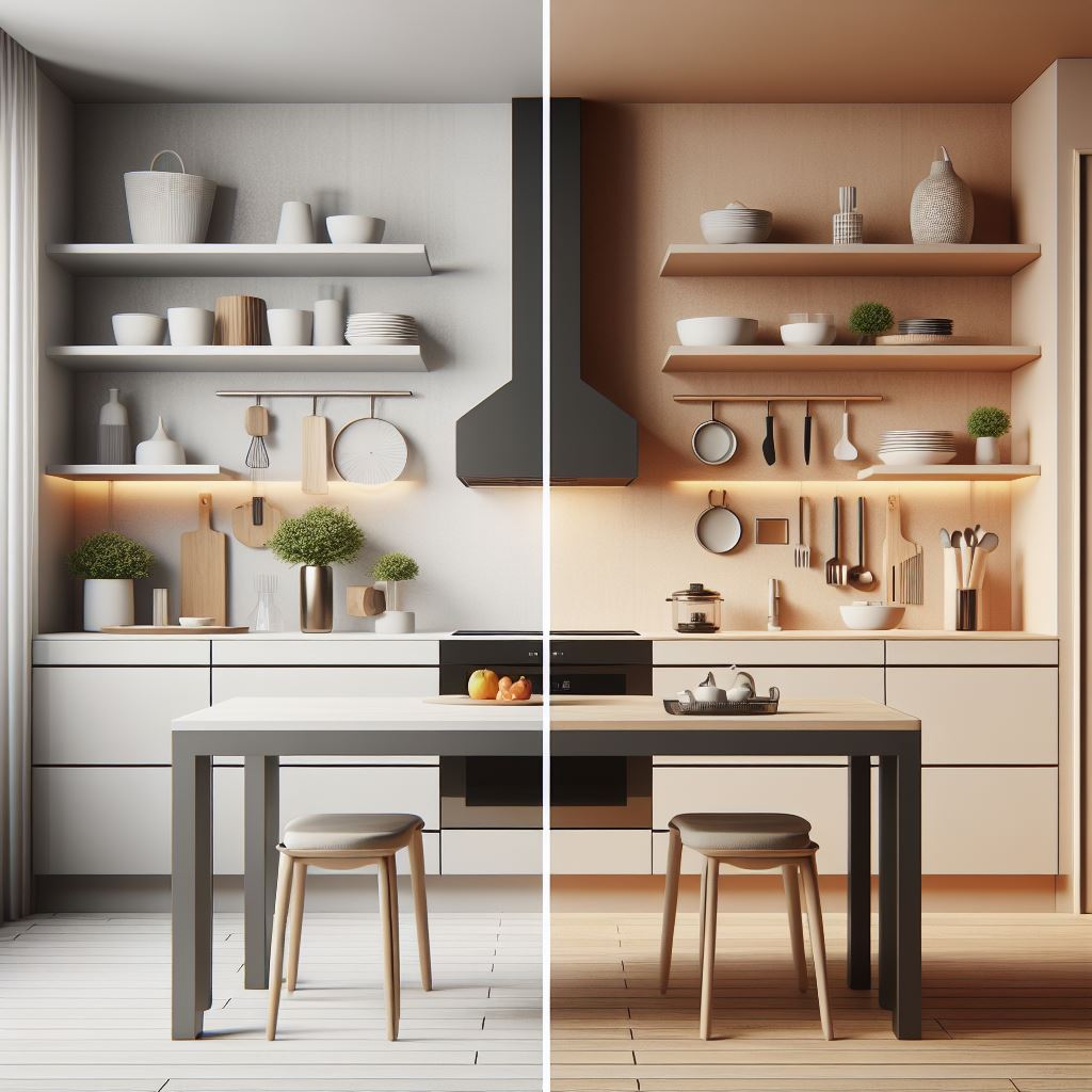 kitchen set minimalis dengan desain sederhana dan warna netral, sementara sisi lainnya menampilkan kitchen set modern dengan fitur canggih dan desain yang lebih futuristik