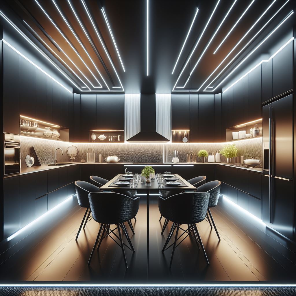 kitchen set modern berwarna hitam, dilengkapi dengan lampu-langit-langit LED yang terang, dan aksen stainless steel untuk memberikan tampilan yang elegan dan futuristik.