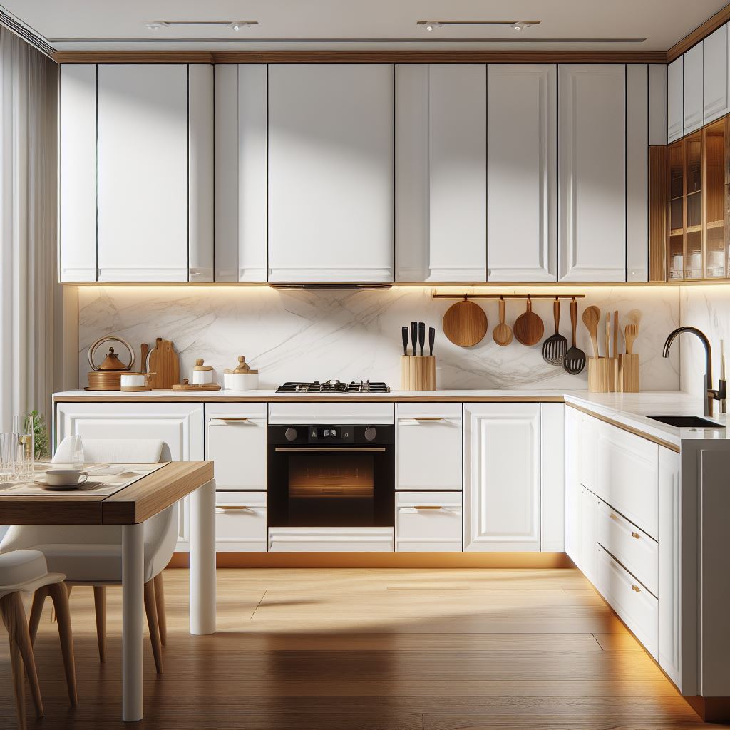 kitchen set putih mewah dengan lapisan duco yang glossy, kontras dengan aksen kayu pada pegangan pintu dan laci, menciptakan tampilan yang bersih dan mewah.