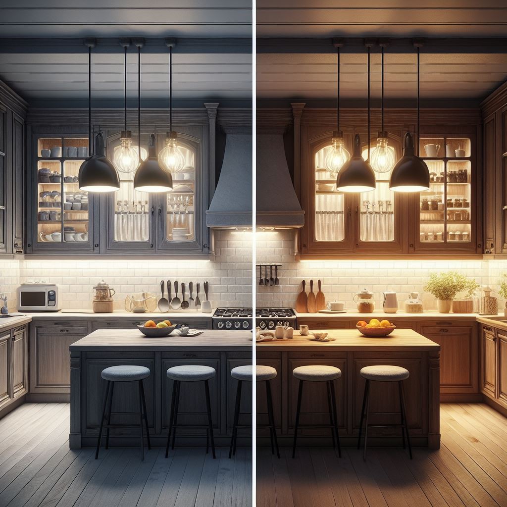 pencahayaan yang tepat dan sisi lainnya menampilkan kitchen set setelah dipasang lampu yang tepat