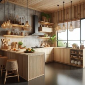 Gambar akan menampilkan dapur yang menggunakan material alami seperti kayu, batu, atau bambu.