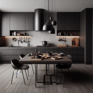 Gambar kitchen set dengan desain minimalis yang terbuat dari kayu hitam dengan aksen stainless steel. Dapur dalam kondisi bersih dan teratur dengan sedikit aksesori.