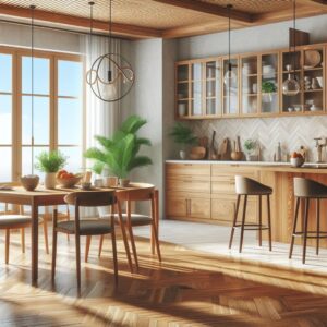 Interior ruangan yang terang dengan sentuhan kayu jati pada kitchen set, lantai, dan dinding.