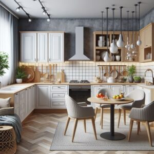 Tampilkan beberapa gambar kitchen set yang dirancang khusus untuk dapur kecil berbentuk L, dengan penjelasan tentang cara mengoptimalkan ruang dan aliran kerja dalam desain yang terbatas ini.